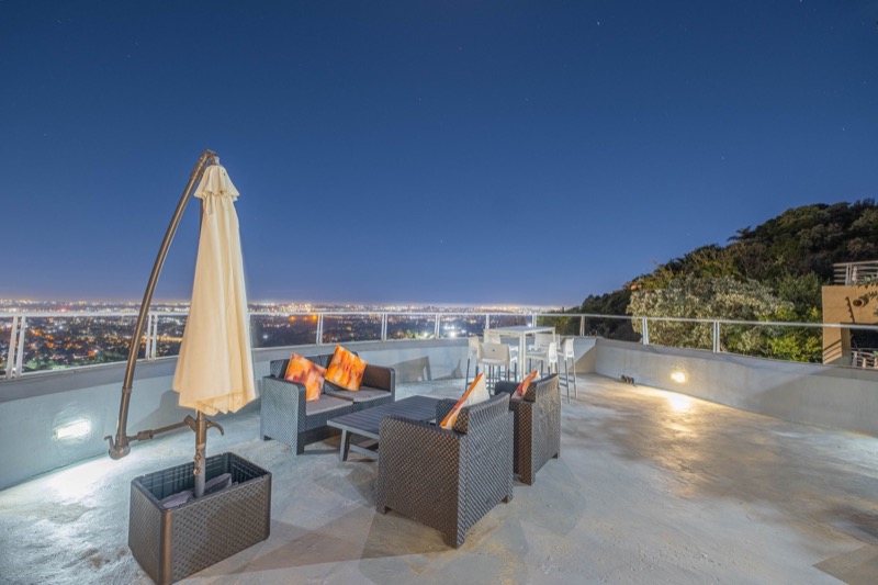Horizons rooftop deck illuminated for an evening event