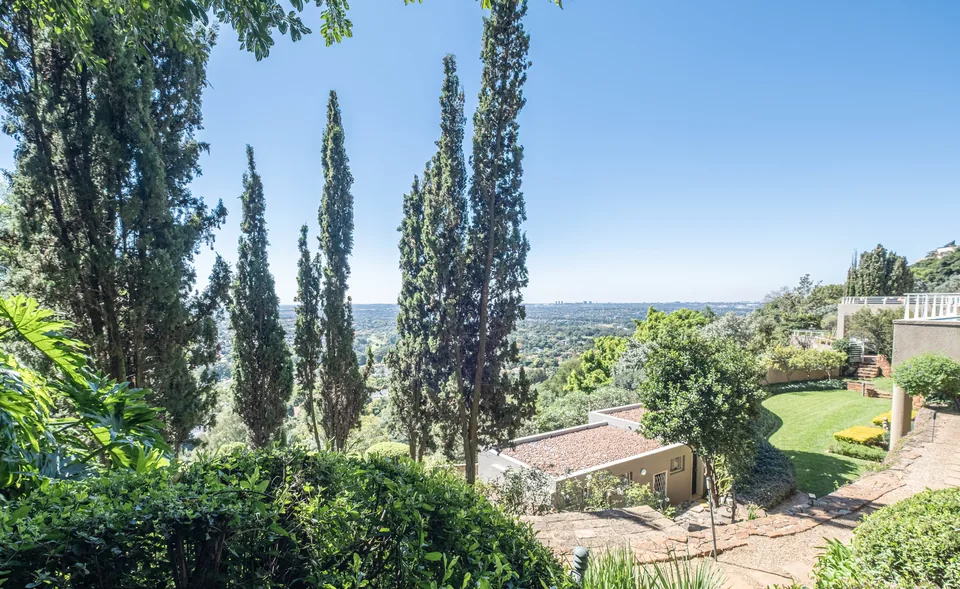 Wide daytime view across terraced lawns, cypress trees and Johannesburg