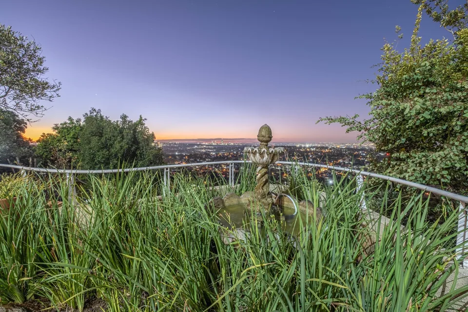 Fountain and reeds overlooking Johannesburg as the city lights come on